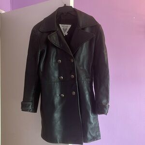 Leather like black coat, double breasted buttons; small belt in back